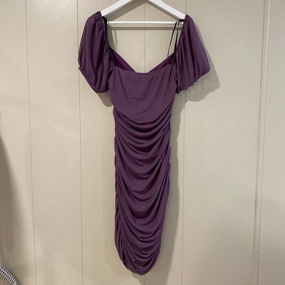 Windsor Purple Ruched Puff Sleeve Bodycon Dress Women’s Size S Off Shoulder - Picture 2 of 5